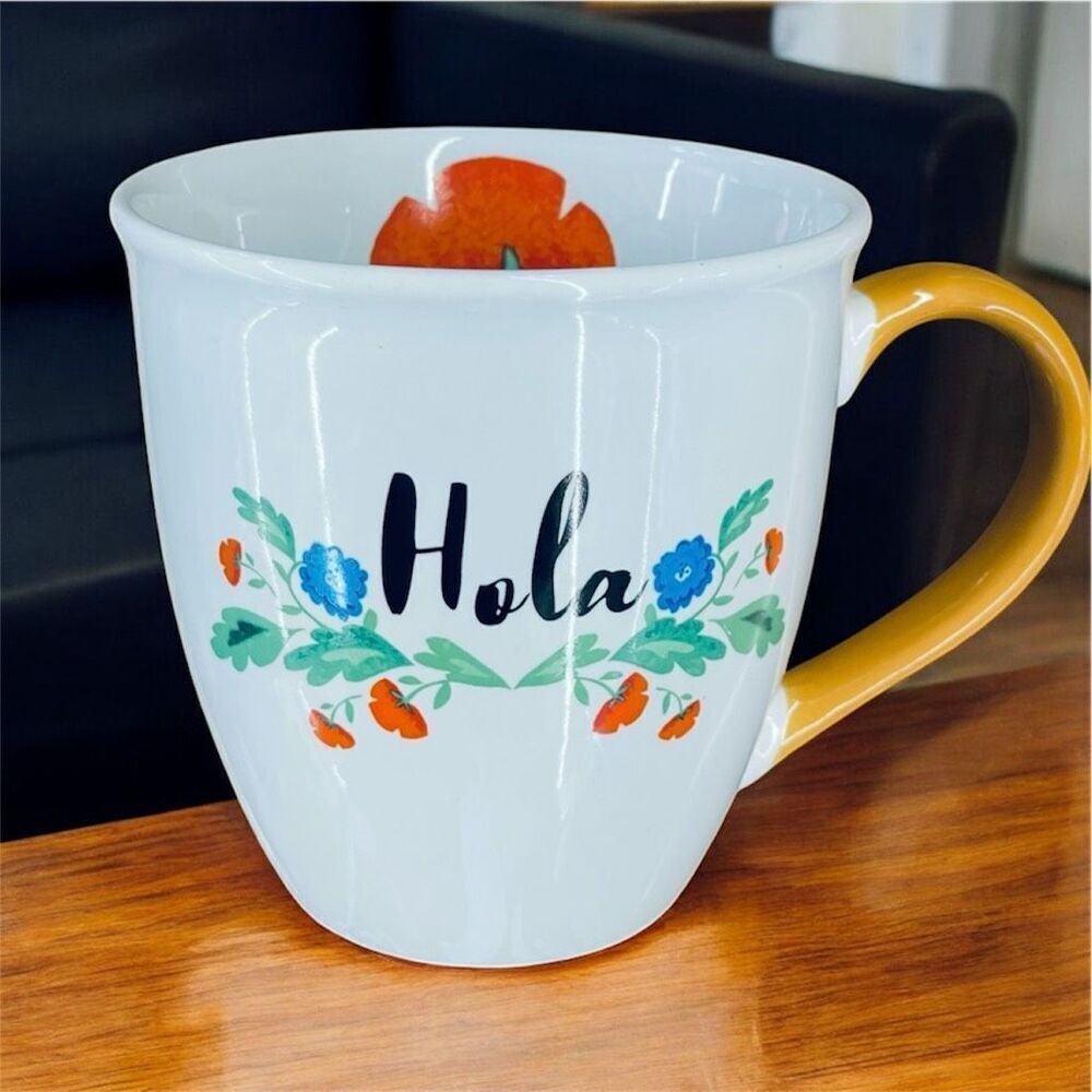 New Gorgeous Housenware HOLA Spanish Hello White Yellow floral Coffee Mug 18Oz